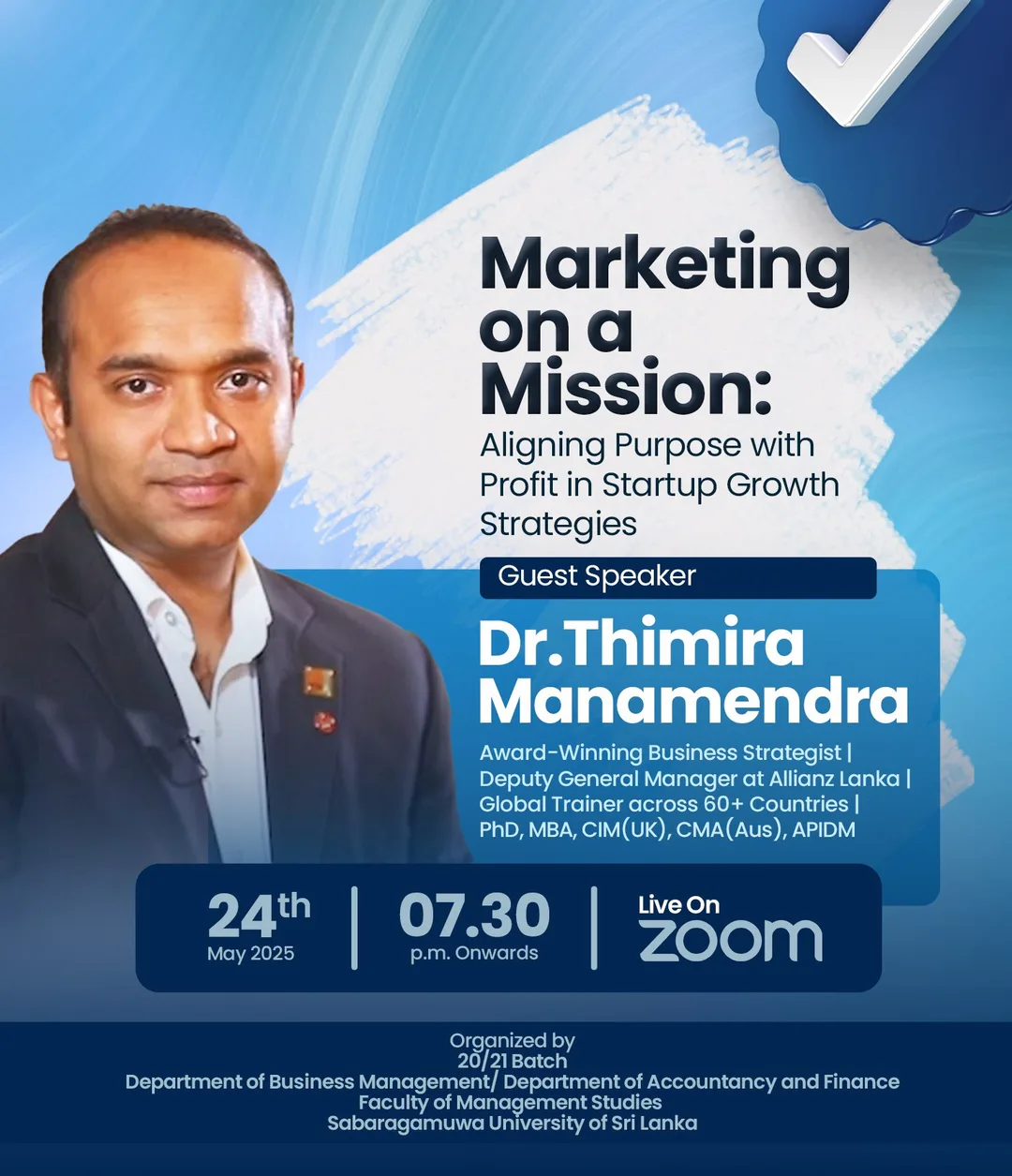 Webinar with Dr. Thimira, flyer for Sabra BM - Department of Business Management