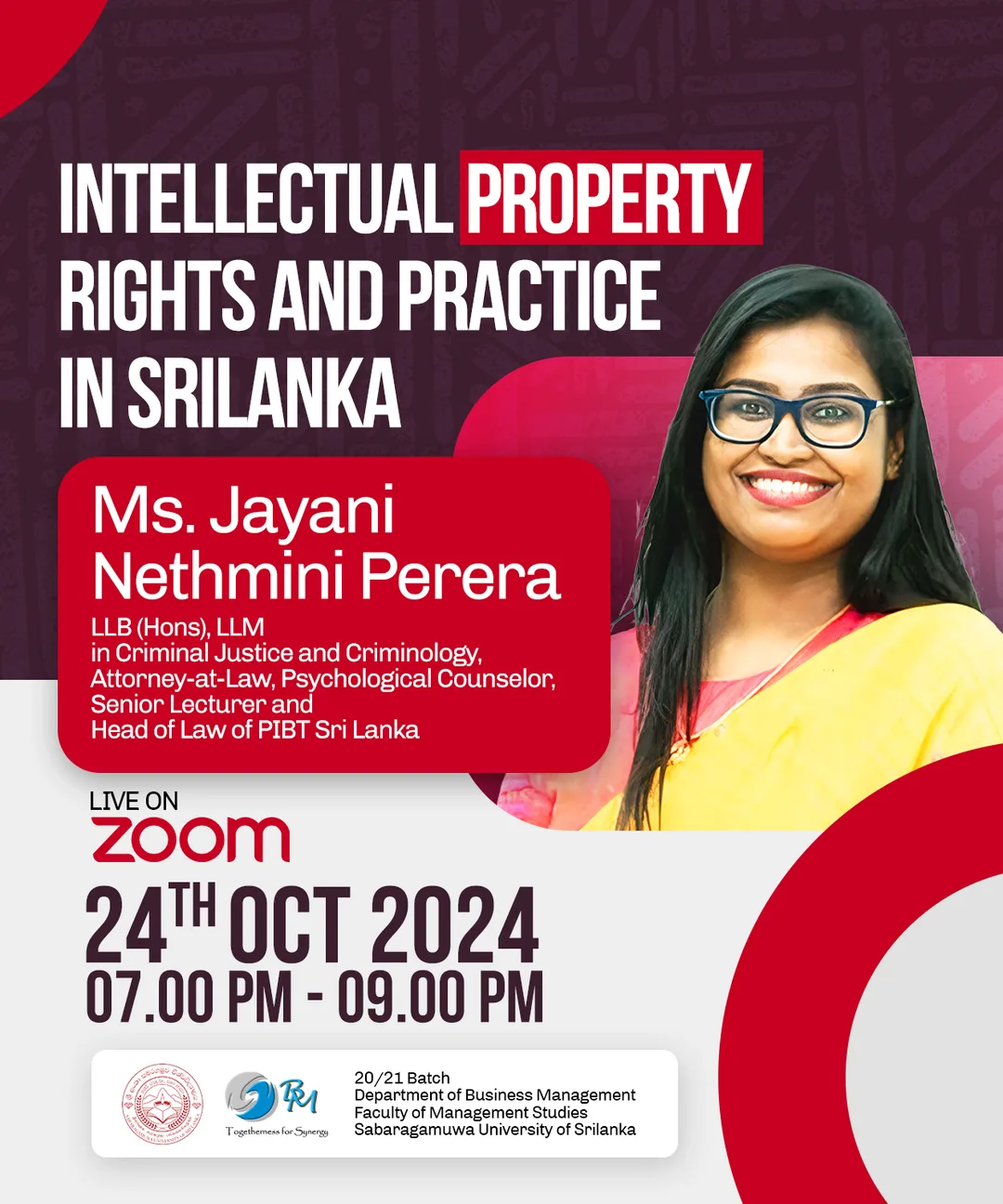 Webinar with Ms. Jayani, flyer for Sabra BM - Department of Business Management
